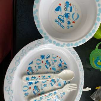 Набор посуды BABOO Набор детской посуды Тарелочка глубокая + плоская + ложка + вилка серия Transport: отзыв пользователя Детский Мир