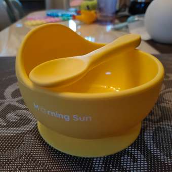 Набор для кормления Morning Sun силиконовый тарелка на присоске и ложка желтый: отзыв пользователя Детский Мир