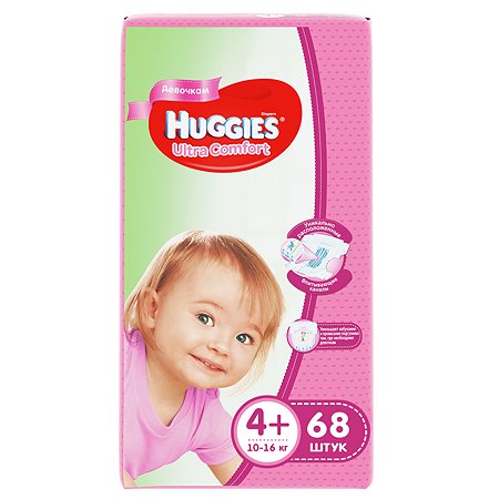 Подгузники Huggies Ultra Comfort для девочек 4+ 10-16 кг 68 шт