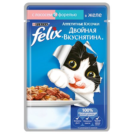 Корм влажный для кошек Felix 85г Аппетитные кусочки двойная вкуснятина с лососем и форелью в желе пауч