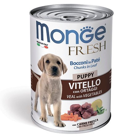 Корм для щенков MONGE Dog Fresh Chunks in Loaf мясной рулет телятина с овощами консервированный 400г