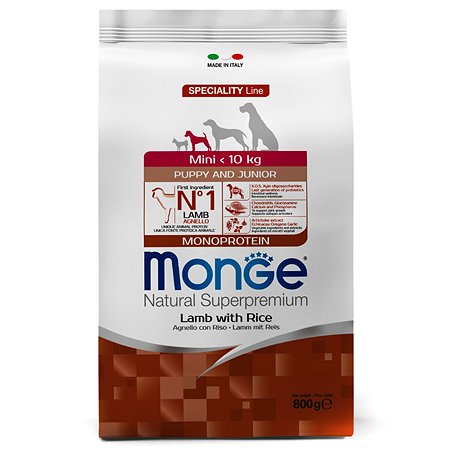 Корм для щенков MONGE Dog Monoprotein Mini мелких пород ягненок с рисом и картофелем 800г