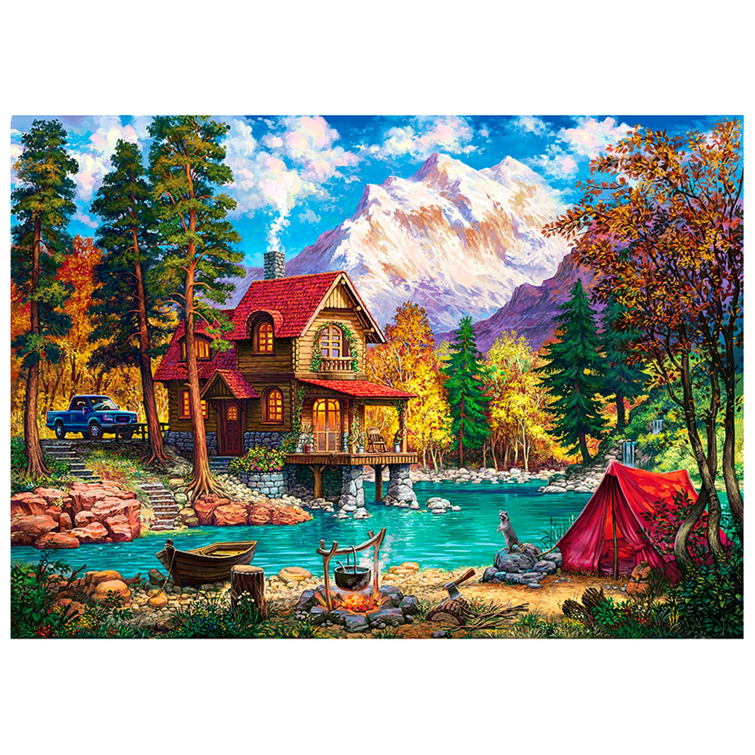 Картина по номерам 30х40 Рыжий кот Дом в высоких горах у озера -  .