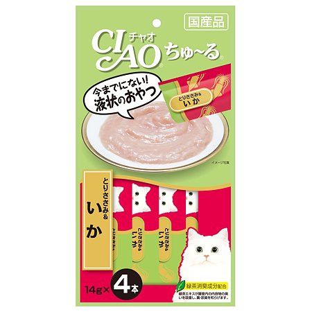 Лакомство для кошек INABA Ciao Churu куриное филе с кальмаром пюре 14г*4