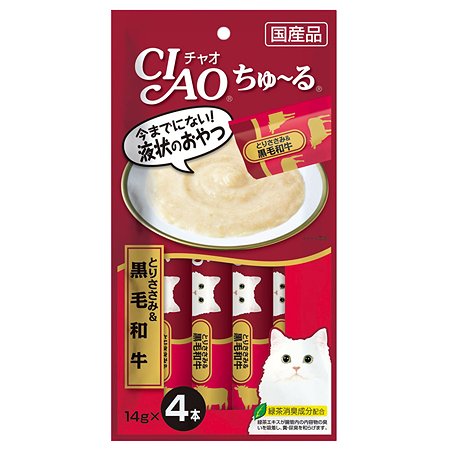 Лакомство для кошек INABA Ciao Churu куриное филе с мраморной говядиной вагю пюре 14г*4