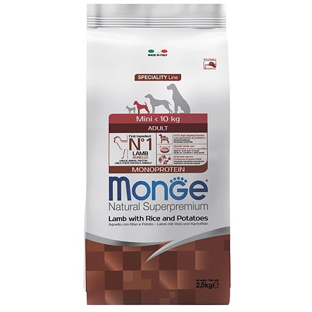 Корм для собак MONGE Monoprotein Mini мелких пород ягненок с рисом и картофелем 2.5кг