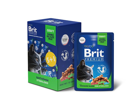 Корм для кошек Brit Premium стерилизованных цыпленок в соусе 85г*5+1шт - фото 1