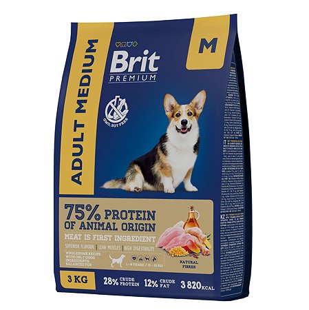 Корм для собак Brit 3кг Premium Dog Adult Medium для средних пород с курицей - фото 1