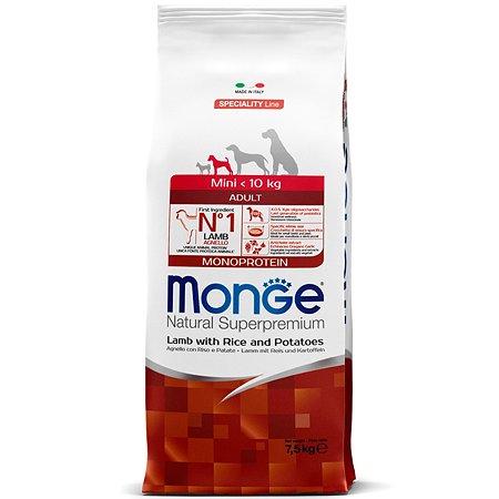 Корм для собак MONGE Monoprotein Mini мелких пород ягненок с рисом и картофелем 7.5кг