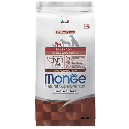 Корм для щенков MONGE Monoprotein Mini мелких пород с ягненком и рисом 2.5кг