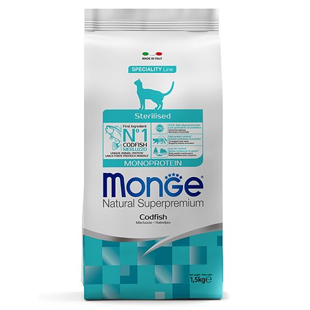 Корм для кошек MONGE Cat Monoprotein стерилизованных треска 1.5кг