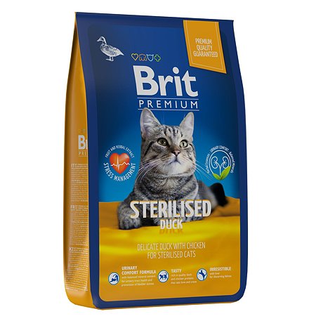 Корм для кошек Brit 8кг Premium Cat Duck and Chicken для стерилизованных с уткой и курицей сухой - фото 1