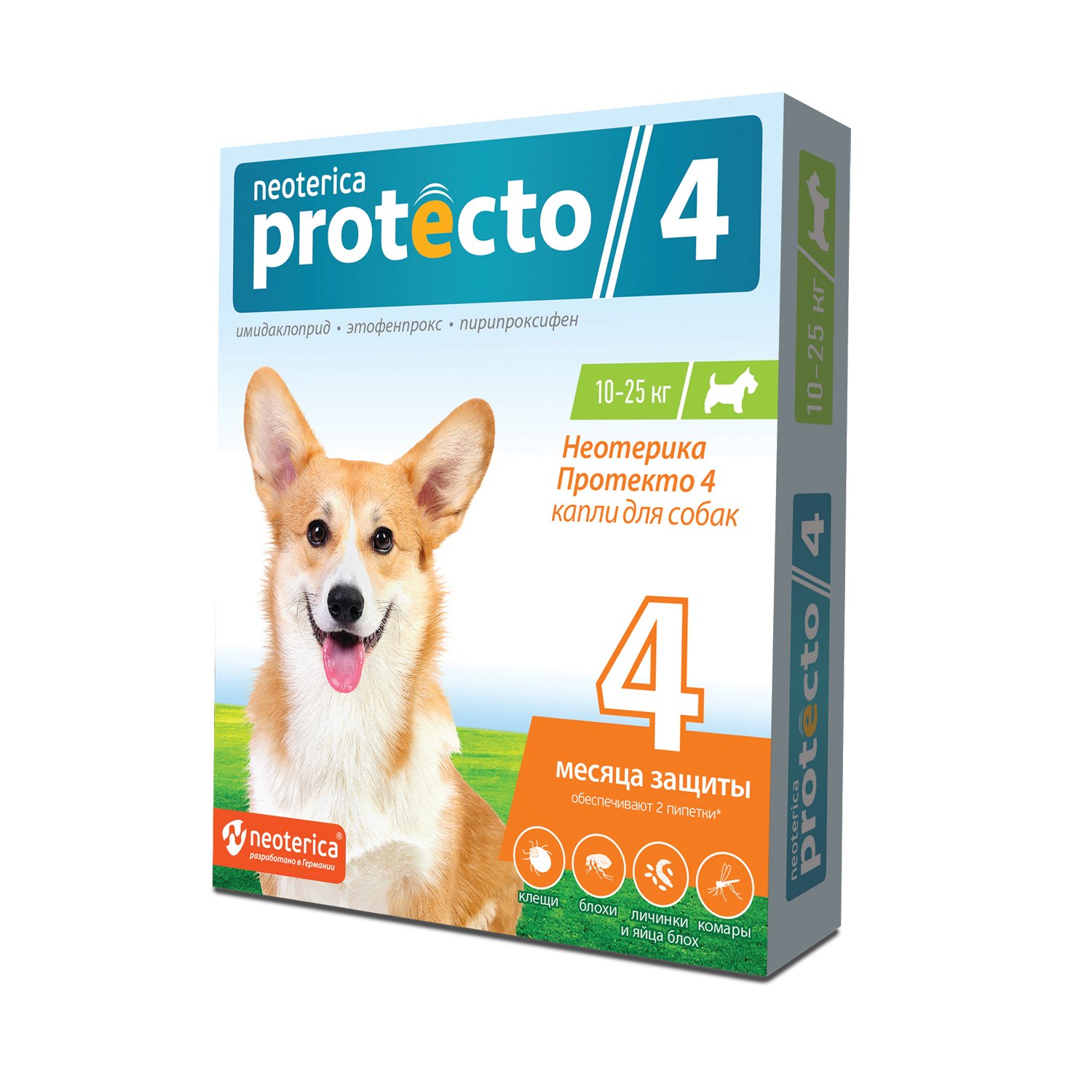 Капли на холку для собак Protecto 4 10-25кг от блох и клещей 2.5мл - фото 1