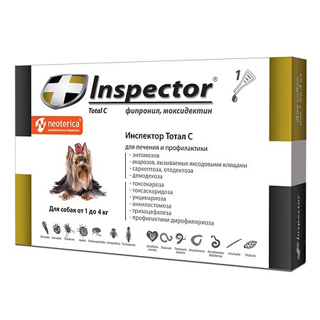 Капли для собак Inspector до 4кг от внешних и внутренних паразитов 0.4мл
