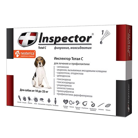 Капли для собак Inspector 10-25кг от внешних и внутренних паразитов 2.5мл