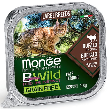 Корм для кошек MONGE BWild Grain free крупных пород из буйвола с овощами консервированный 100г