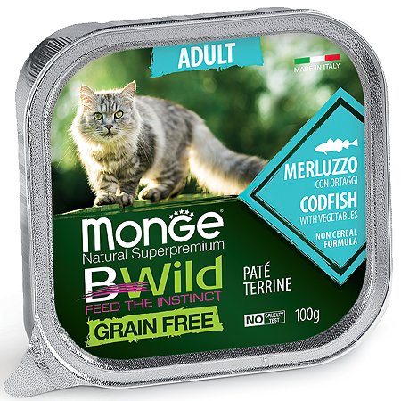 Корм для кошек MONGE BWild Grain free из трески с овощами консервированный 100г
