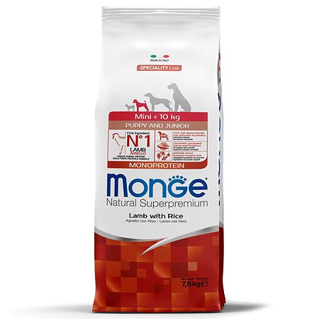 Корм для щенков MONGE 7.5кг Dog Speciality Line Monoprotein мелких пород ягненок-рис