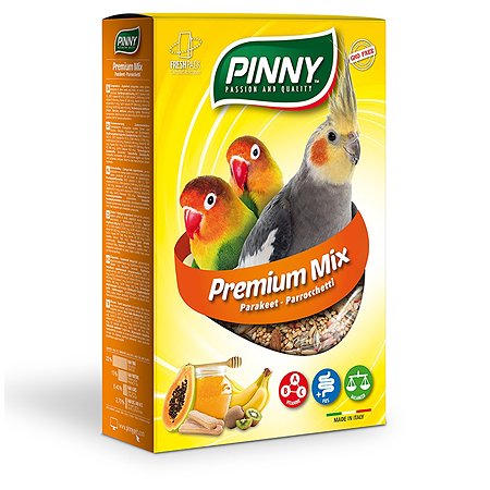 Корм для средних попугаев PINNY 0.8кг Premium Mix Parakeets с фруктами-бисквитом-витаминами - фото 1