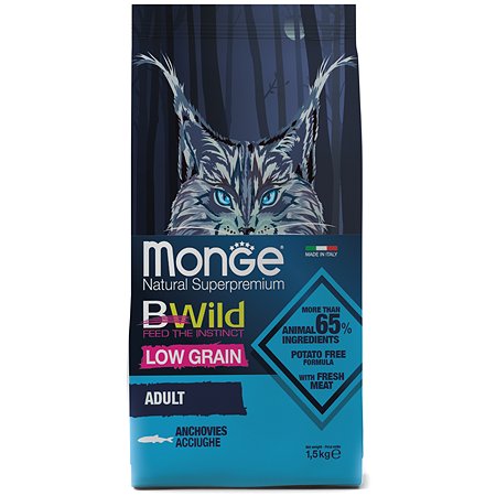 Корм сухой для кошек MONGE BWild Anchovies 1.5кг с анчоусами взрослых