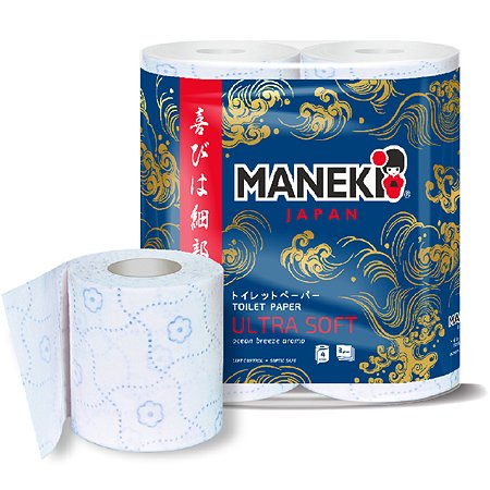 Туалетная бумага Maneki Ocean 3 слоя 23 м с тиснением и ароматом бриза океана 4 рулона Maneki