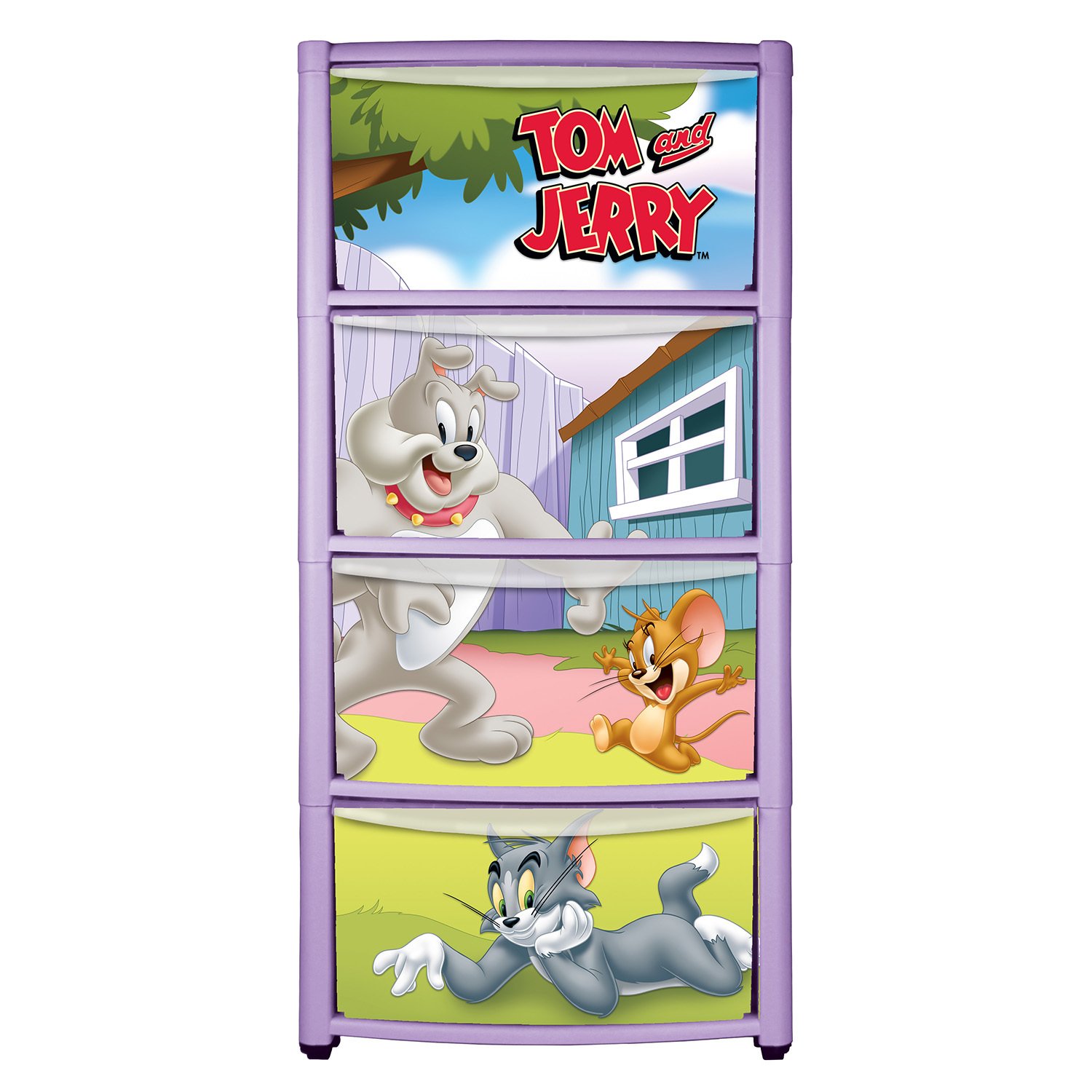 Комод Пластишка Tom and Jerry на колесах 4 ящика с аппликацией сиреневый