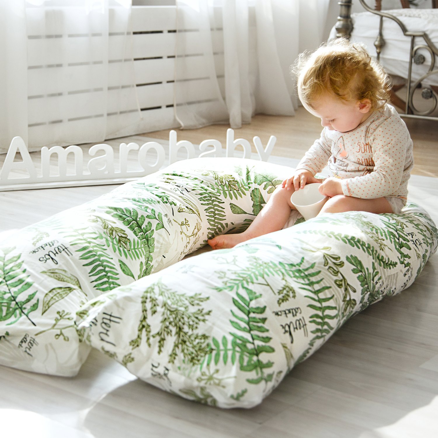Наволочка к подушке для беременных Amarobaby Exclusive Soft Collection Папоротники U-образная Белый-Зеленый - фото 12