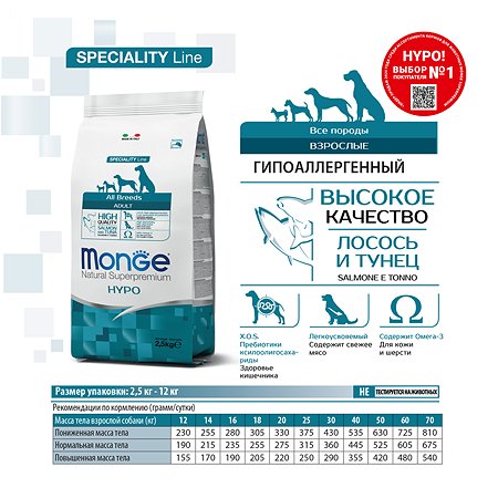Корм для собак MONGE Dog Speciality гипоаллергенный лосось с тунцом сухой 2.5кг - фото 2