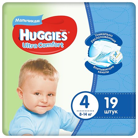 Подгузники для мальчиков Huggies Ultra Comfort 4 8-14кг 19шт - фото 1