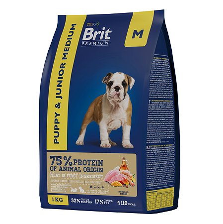 Корм для собак Brit 1кг Premium Dog Puppy and Junior Medium с курицей