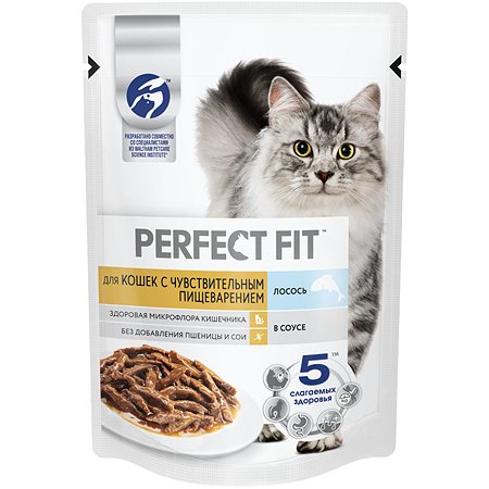 Корм для взрослых кошек PerfectFit с чувствительным пищеварением с лососем в соусе 75г