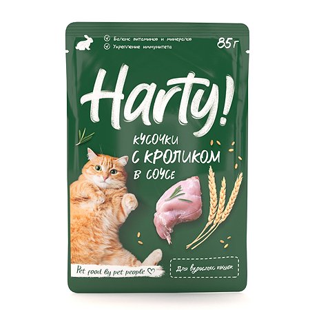 Корм для кошек Harty 85г с кроликом для взрослых кусо чки в соусе консервированный