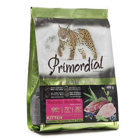 Корм сухой для котят Primordial 400г беззерновой утка-индейка