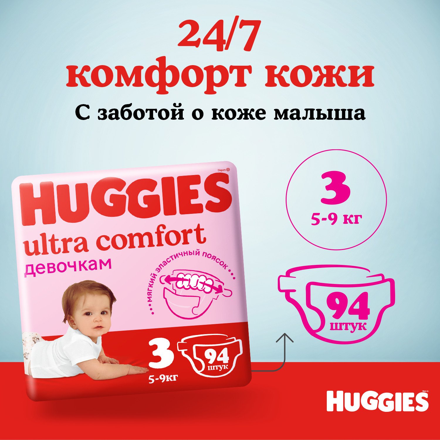 Подгузники для девочек Huggies Ultra Comfort 3 5-9кг 94шт - фото 9