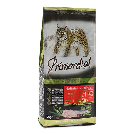 Корм сухой для кошек Primordial 2кг беззерновой индейка-сельдь МКБ