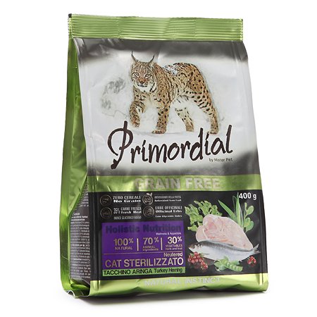 Корм сухой для кошек Primordial 400г беззерновой индейка-сельдь стерилизованных
