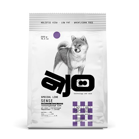 Корм для собак AJO 2кг с чувствительным пищеварением ягненок с гречкой