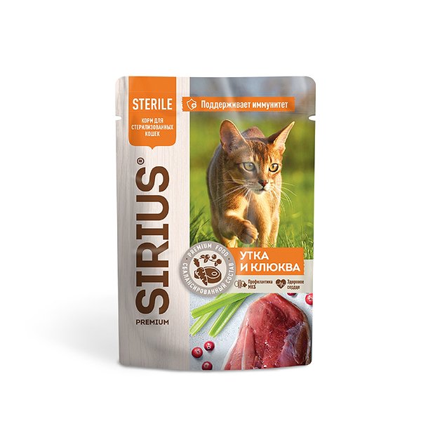 Корм для кошек Sirius 85г Premium Sterile стерилизованных утка с клюквой кусочки в соусе пауч
