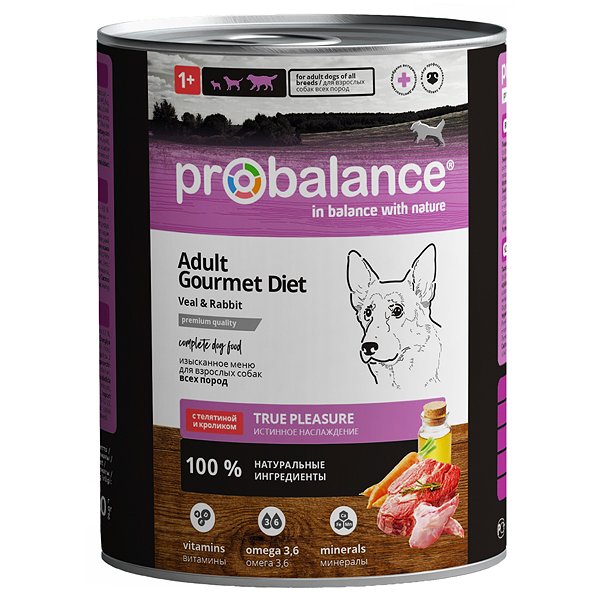 Корм для собак Probalance 850г Adult Gourmet Diet телятина-кролик ж/б