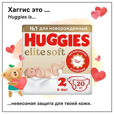 Подгузники Huggies Elite Soft для новорожденных 2 4-6кг 20шт - фото 1