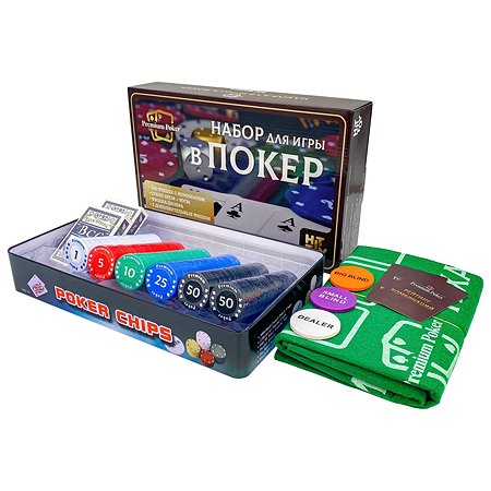 Покерный набор HitToy Holdem Light 300 фишек с номиналом в жестяной коробке c картами и сукном