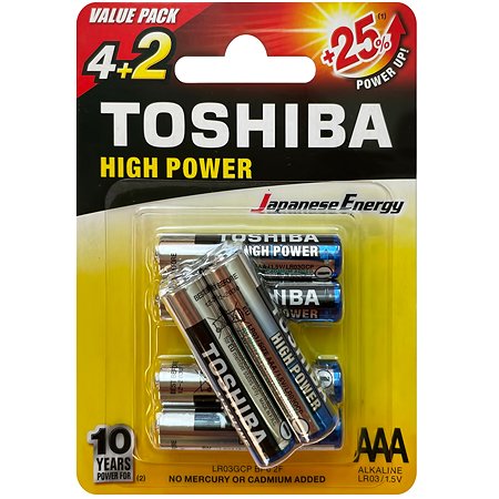 Батарейки Toshiba LR03 щелочные alkaline Мизинчик High Power 6шт AAA 1.5V - фото 1