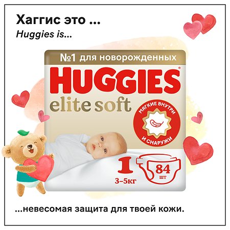 Подгузники Huggies Elite Soft для новорожденных 1 3-5кг 84шт - фото 1