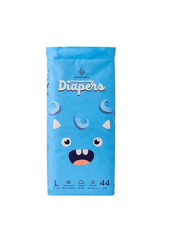 Подгузники SUPERGREEN Premium baby Diapers размер L 9 - 13 кг 44 шт.