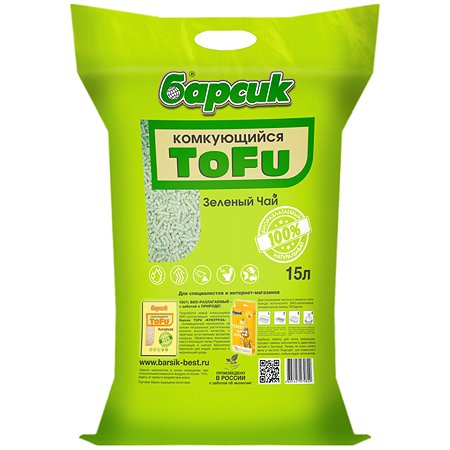Наполнитель для кошек Барсик Tofu Зелёный чай комкующийся древесный 15л