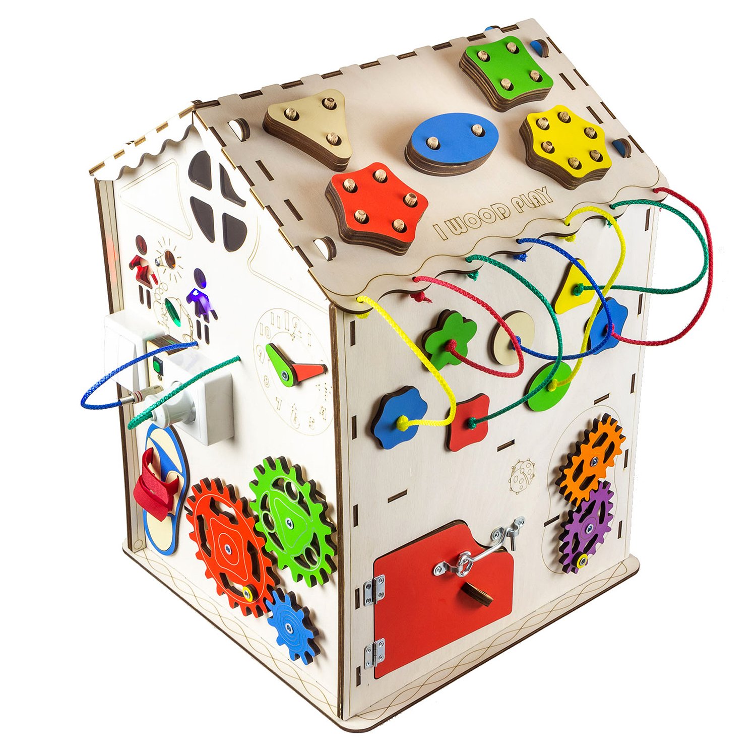 Игрушка детская бизиборд Iwoodplay Развивающий домик мультицвет 35*35*50см - фото 1