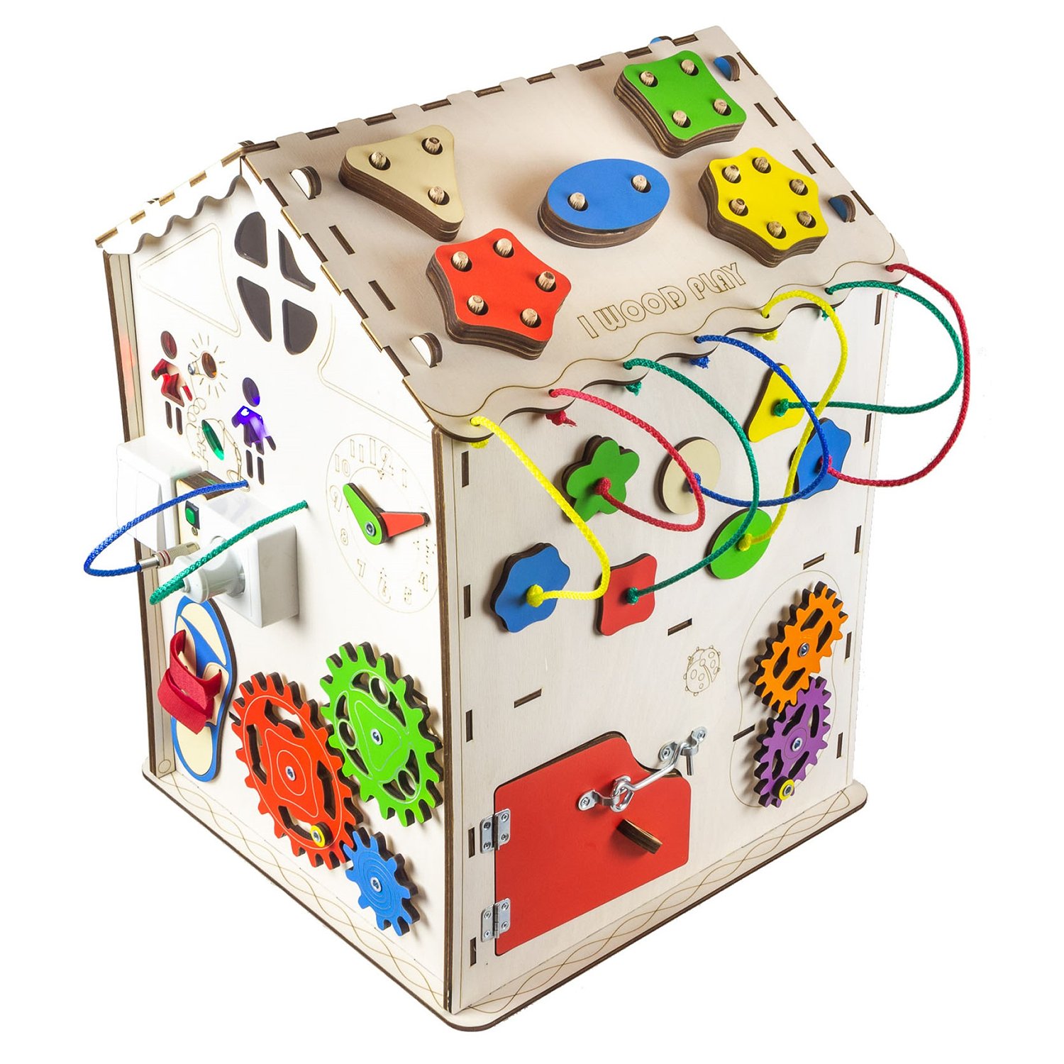 Игрушка детская бизиборд Iwoodplay Развивающий домик мультицвет 35*35*50см - фото 5