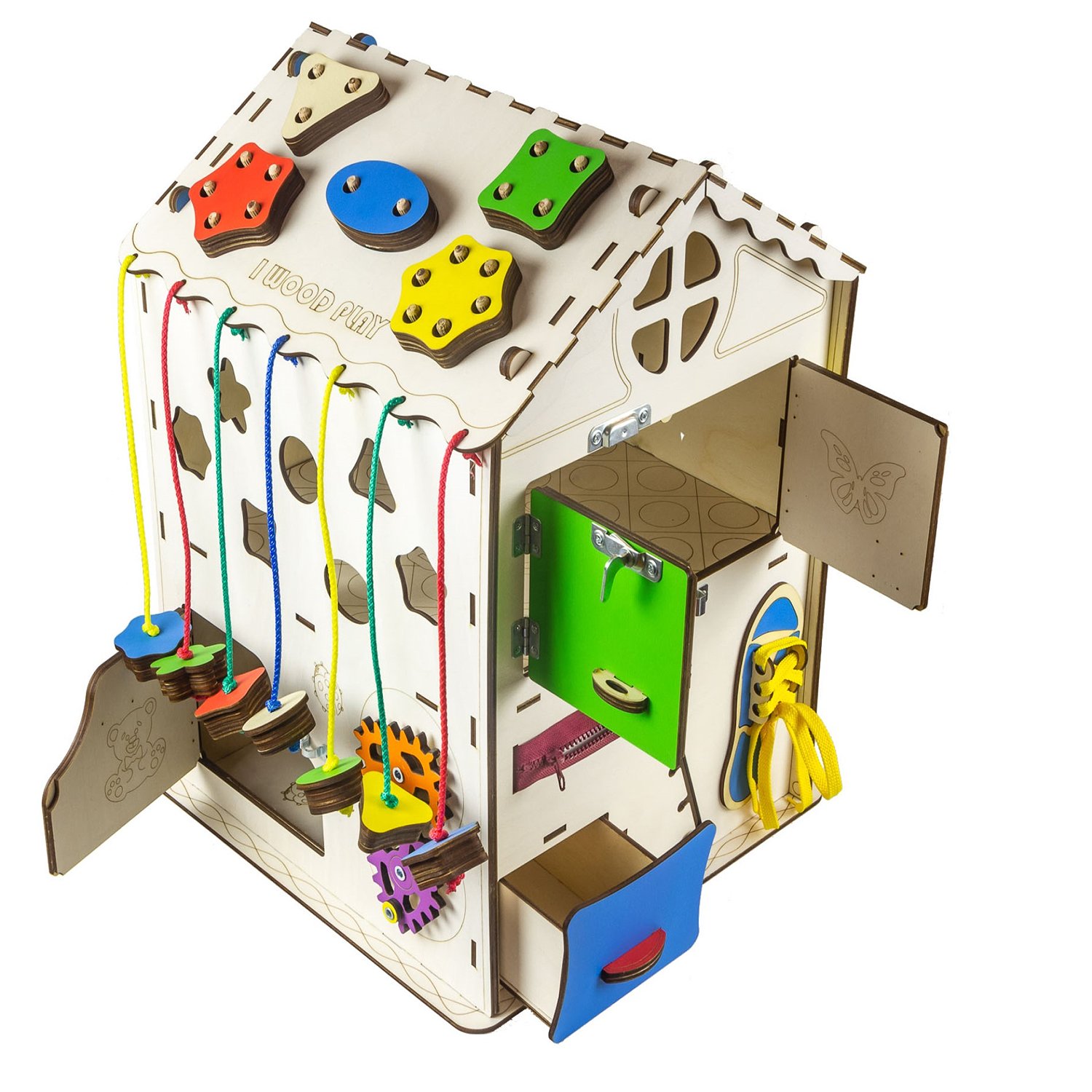 Игрушка детская бизиборд Iwoodplay Развивающий домик мультицвет 35*35*50см - фото 8