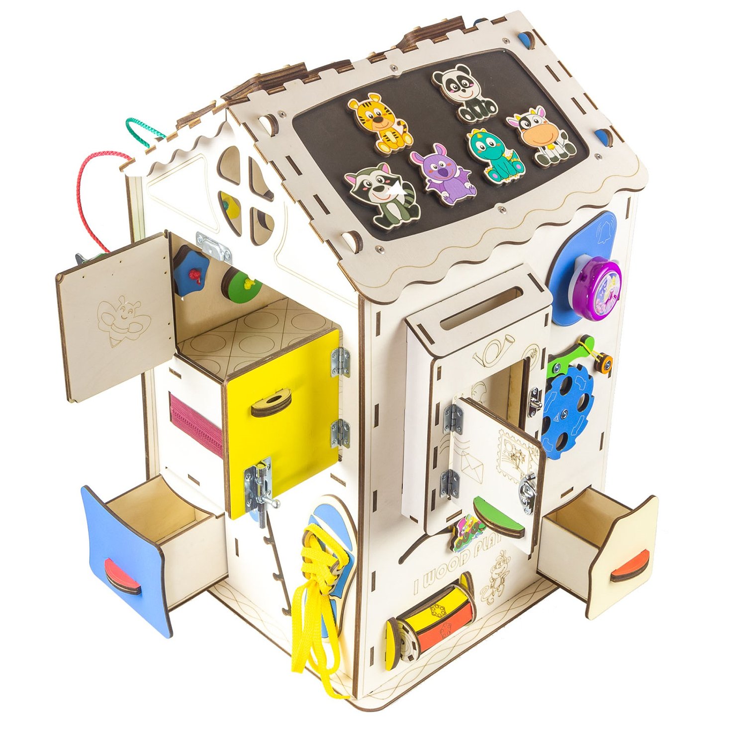 Игрушка детская бизиборд Iwoodplay Развивающий домик мультицвет 35*35*50см - фото 10