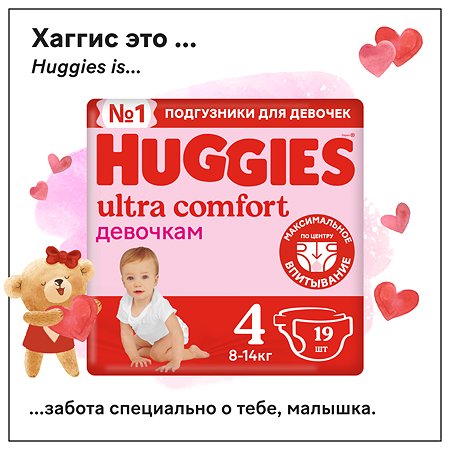 Подгузники для девочек Huggies Ultra Comfort 4 8-14кг 19шт